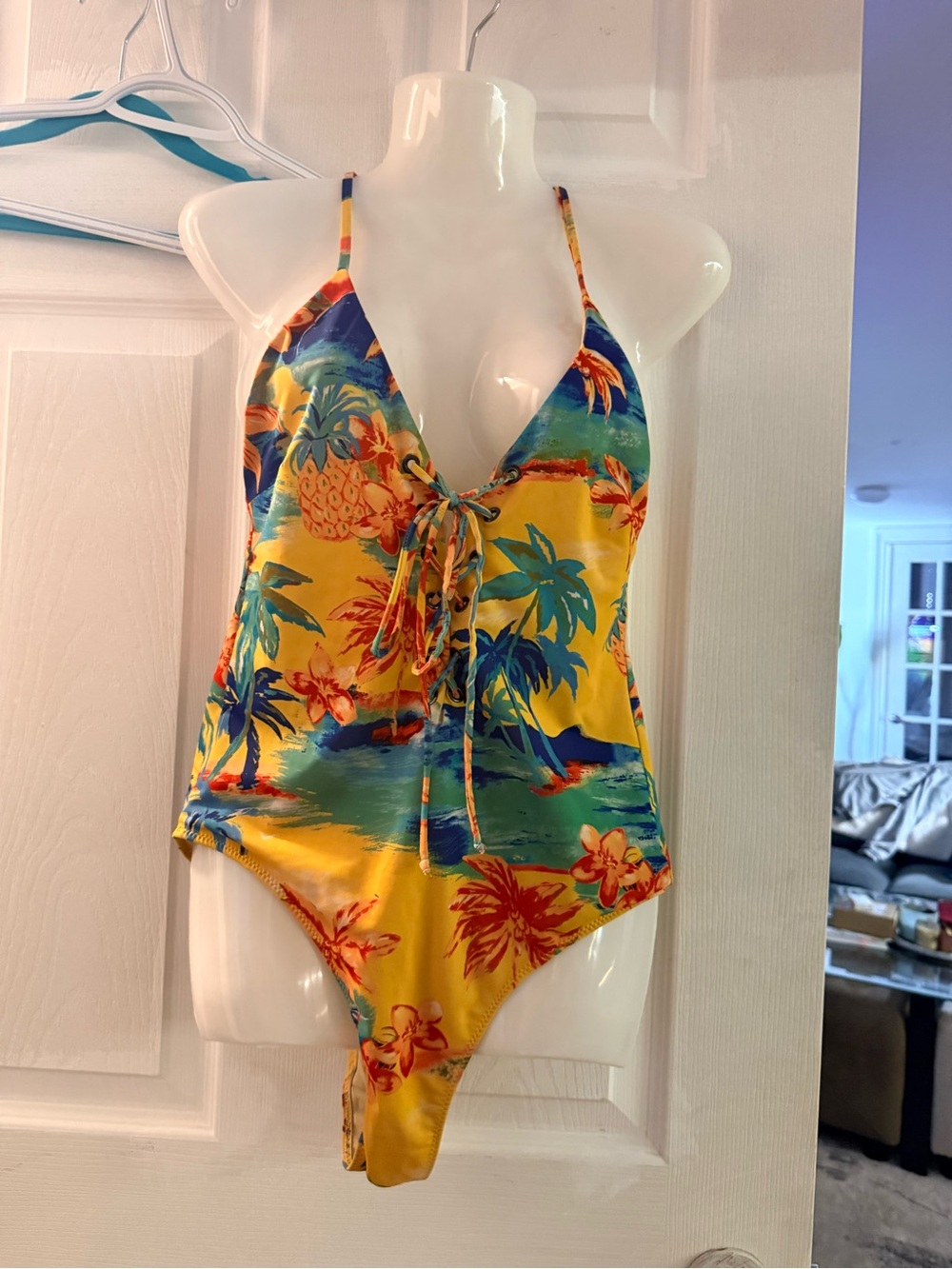 Deep V Tropical One-Piece Swimsuit with Lace Front